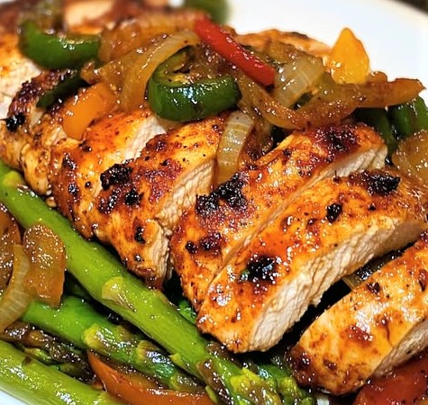 Spicy Seared Chicken with Sautéed Asparagus & Peppers