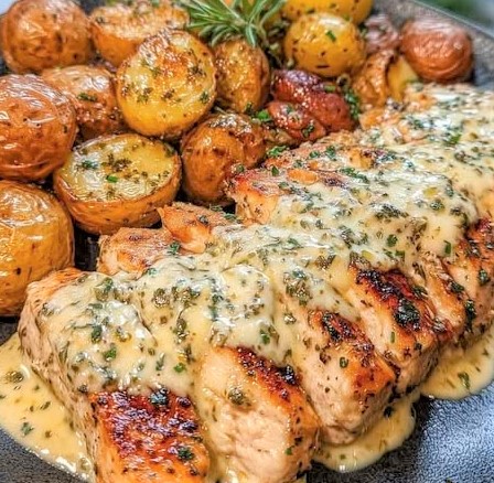 Creamy Garlic Chicken with Roasted Baby Potatoes